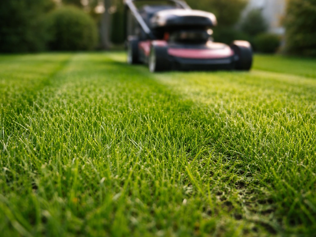 Gazon de printemps fraîchement tondu, brins d’herbe verts en gros plan, tondeuse floue en arrière-plan.