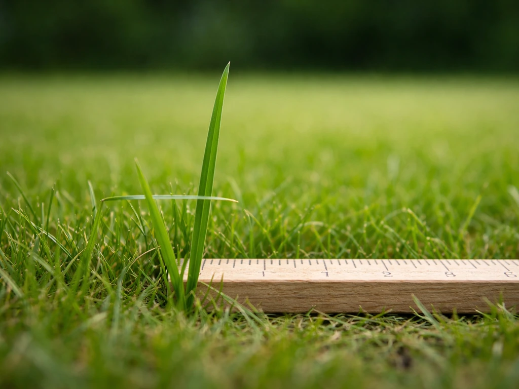 Brin d’herbe près d’une règle de jardin montrant une coupe progressive sans scalper, photo réaliste en lumière naturelle
