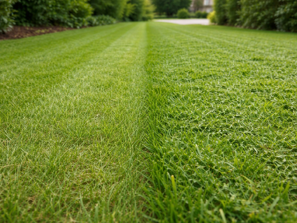 Deux portions adjacentes de pelouse après tonte : une avec résidus ramassés, l’autre avec mulching laissé sur place.
