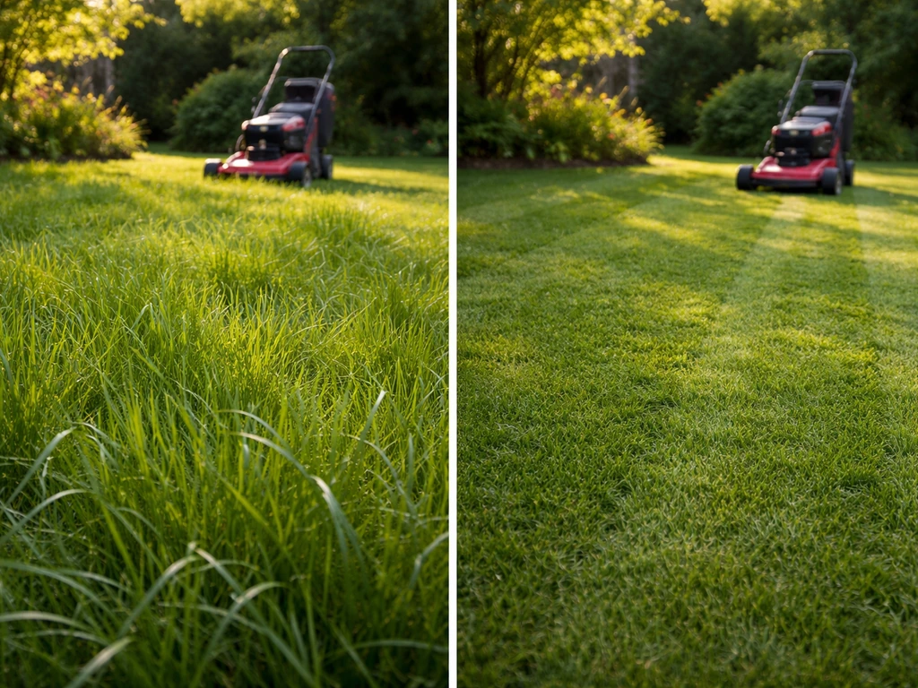Pelouse de jardin avant/après tonte en étapes : herbe haute à gauche, pelouse nettoyée à droite, tondeuse en arrière-pla