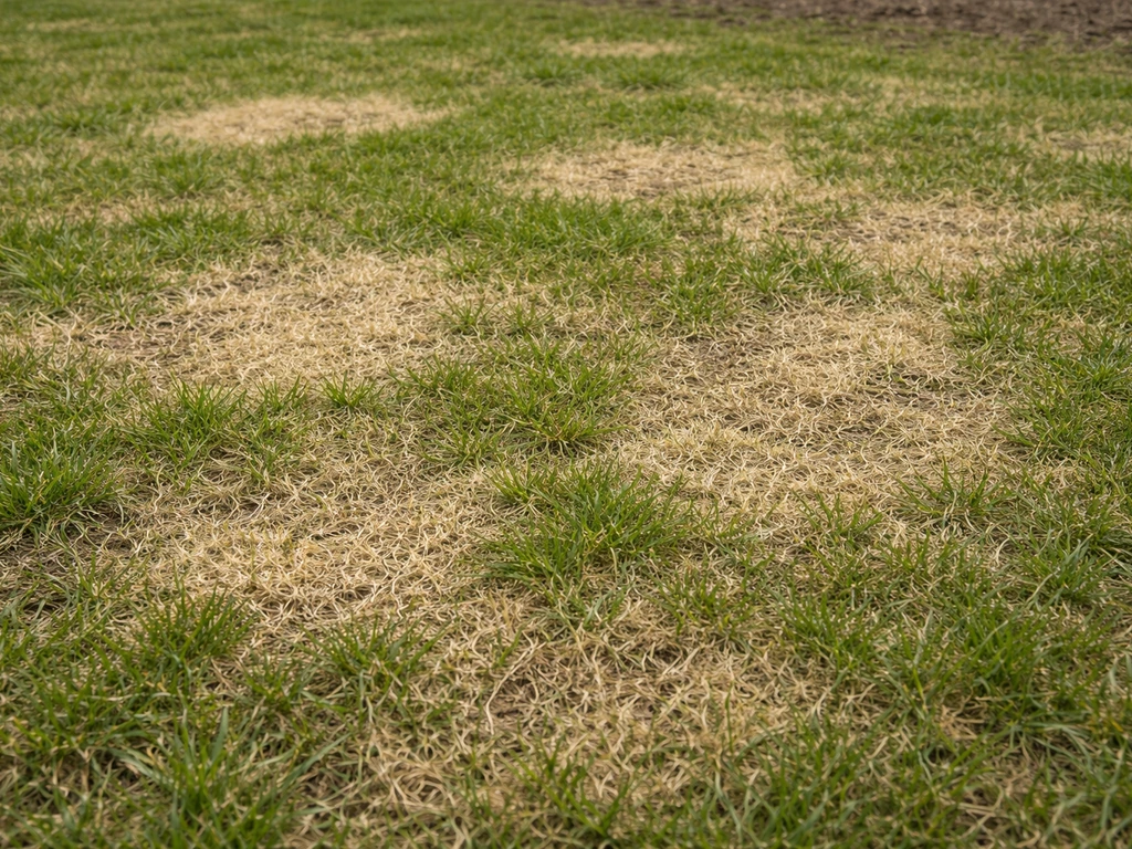 Pelouse par endroits clairsemée avec plaques jaunies et brins d’herbe restants après l’hiver.