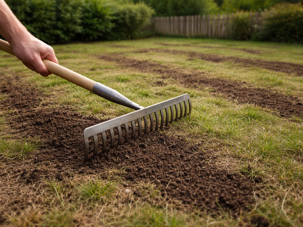 Pelouse française abîmée en cours de remise en état, râteau et terreau/compost visibles sur le gazon.