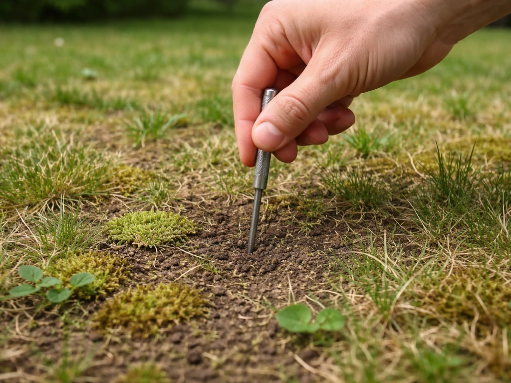 Main testant la compaction avec un tournevis dans une pelouse clairsemée, mousse et mauvaises herbes visibles.