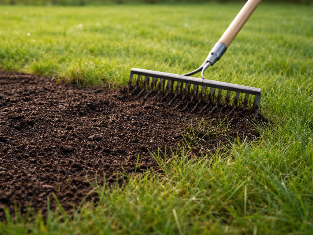 Pelouse avec une fine couche de compost étalée puis légèrement incorporée au râteau, en gros plan.