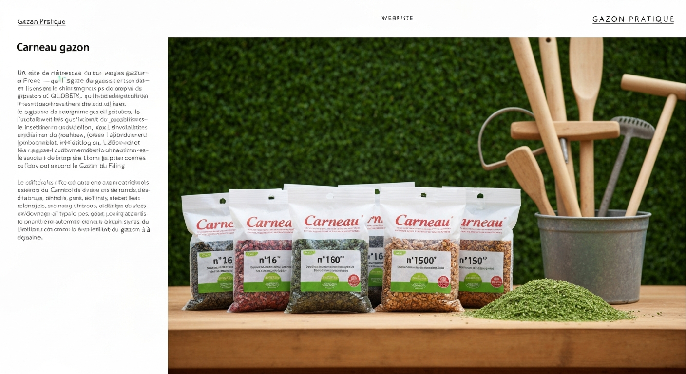 Assortiment de sachets de semences "Carneau" avec numéros de mélanges posés devant un échantillon de pelouse verte, sur une table en bois, ambiance jardinerie.