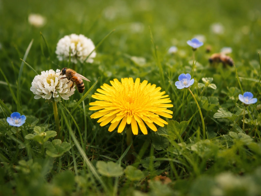 Pissenlit, trèfle blanc et véronique dans une pelouse, avec des abeilles butinant discrètement.