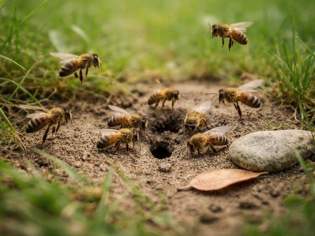 Gros plan au niveau du sol : abeilles volant ras du sol près d’un petit point d’entrée, environnement jardin calme.