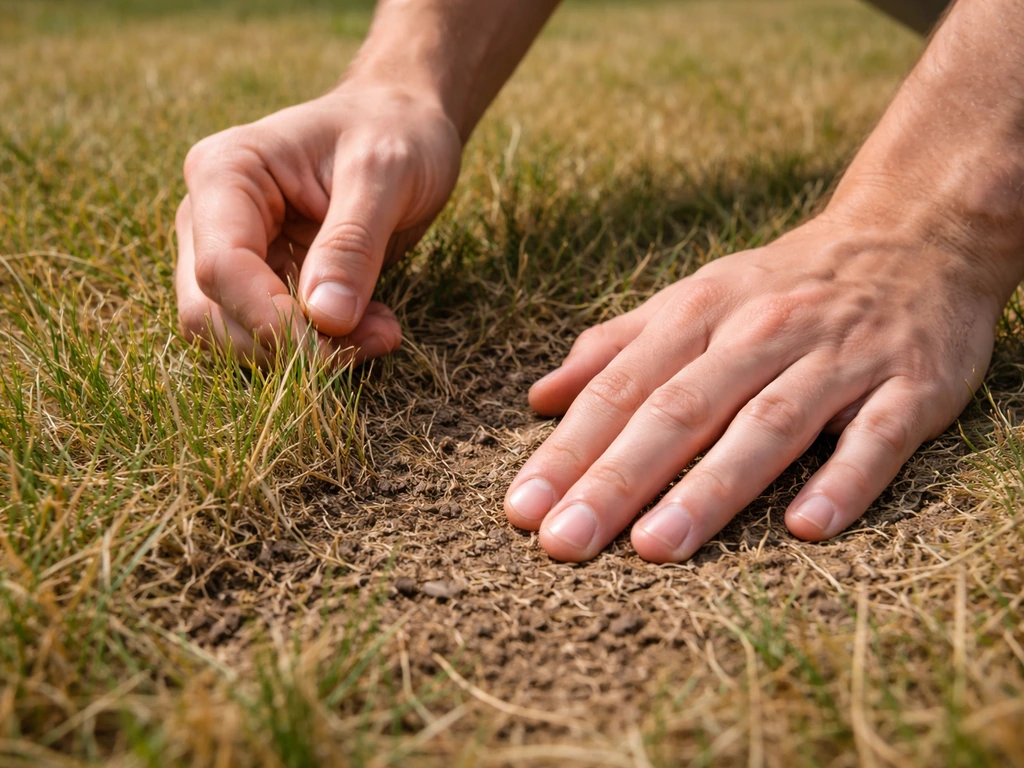 Mains qui tirent doucement des brins d’herbe et touchent la terre sur une pelouse jaunie.