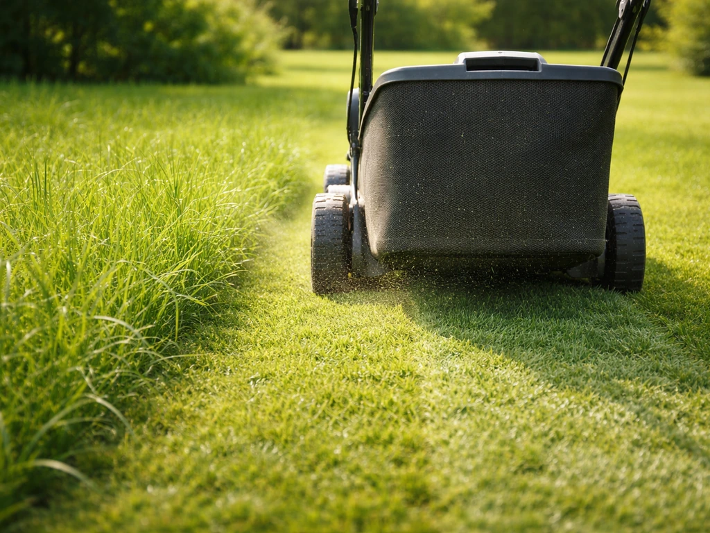 Tondeuse réglée haut (4–5 cm) sur un gazon en plein soleil, herbe plus longue et fraîchement coupée.