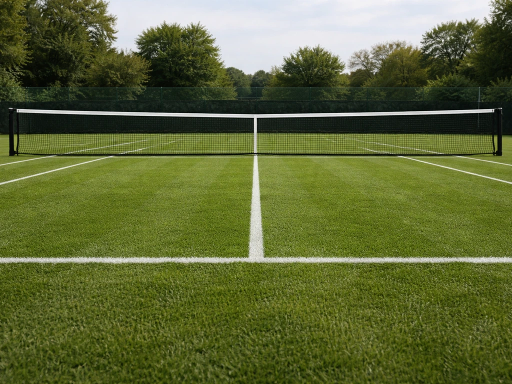 Court de tennis sur gazon en France, vue au niveau du filet, herbe dense et texture visible