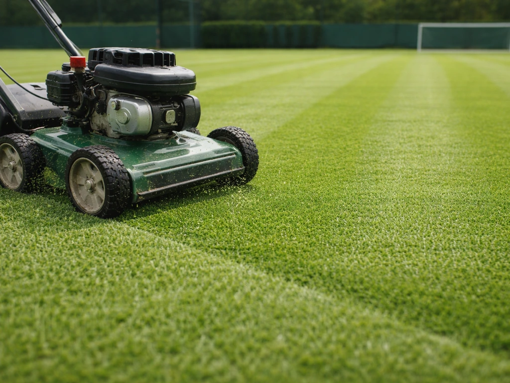 Tonte d’un court en gazon : coupe très rase à 8–12 mm avec une tondeuse réglée, surface homogène