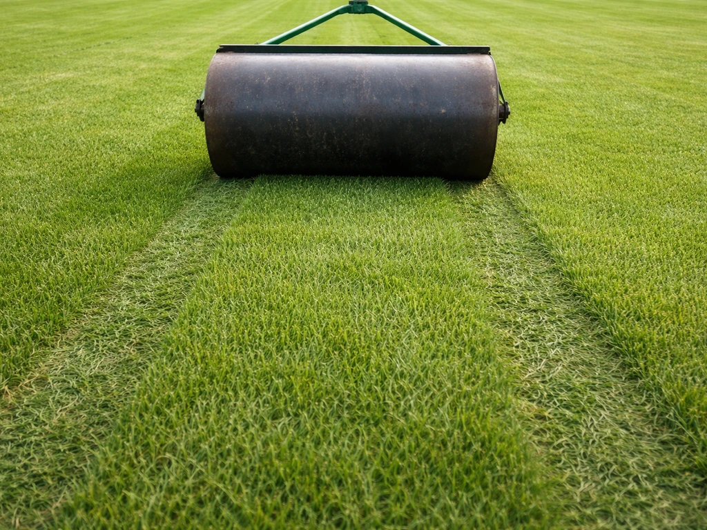 Rouleau compacteur sur une pelouse de tennis, gazon tassé uniformément et traces nettes du roulage.