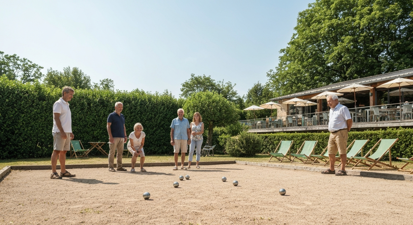 Personnes jouant à la pétanque sur gazon dans un jardin ensoleillé