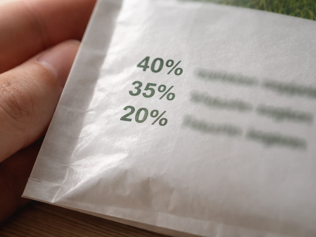 Gros plan d’une étiquette de sachet de semences avec des pourcentages de graminées, sur table claire.