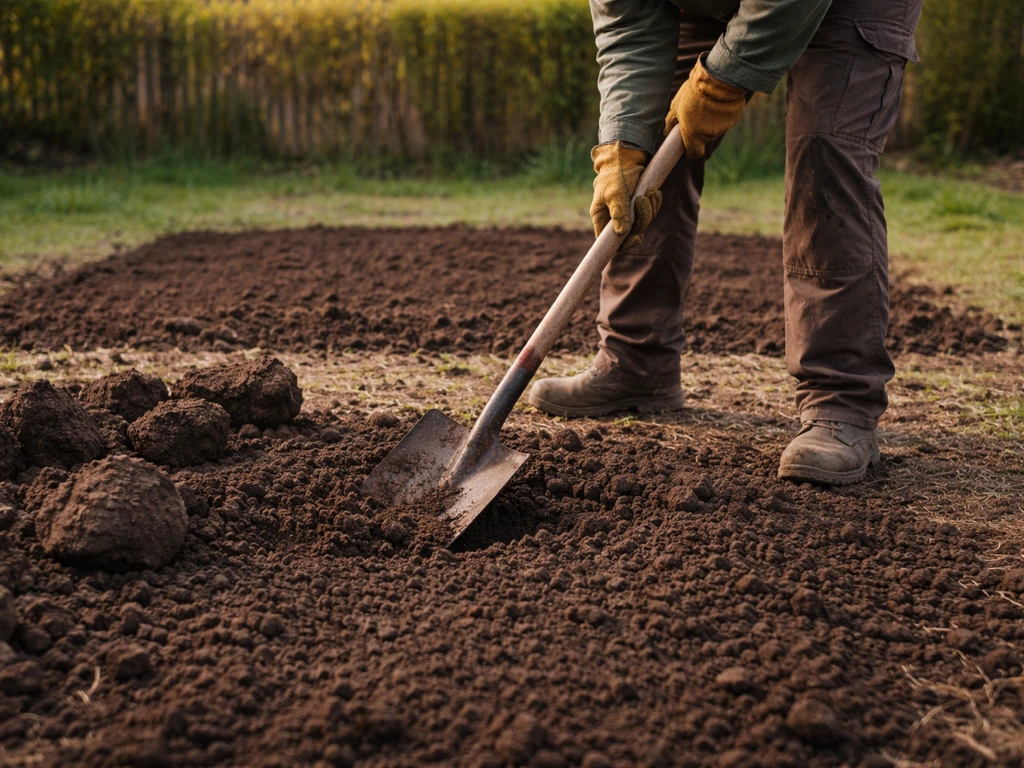 Chantier au jardin : sol ameubli, mottes retirées, bêchage en profondeur avant le semis