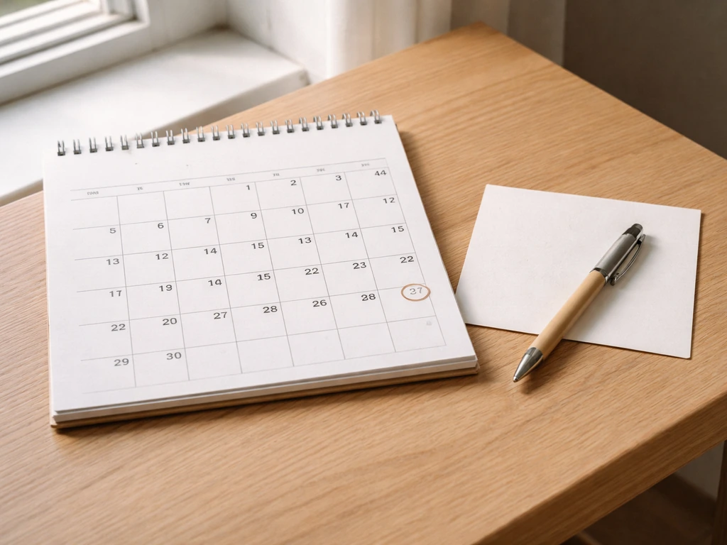 Calendrier papier 2024 ouvert en juin, repère visuel sur le dernier dimanche, stylo sur table en bois près d’une fenêtre