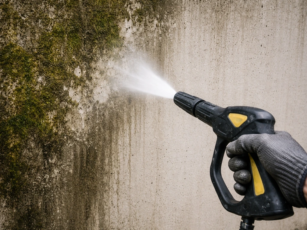 Un jet haute pression karcher nettoie une dalle en béton couverte de mousse et d’algues.