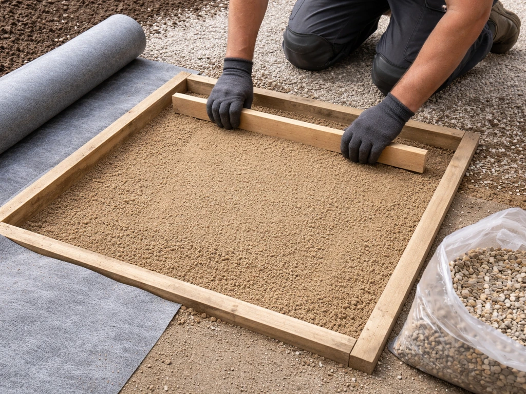 Mains anonymes qui étalent le sable de pose, avec géotextile et gravillons 4/10 sur le chantier.