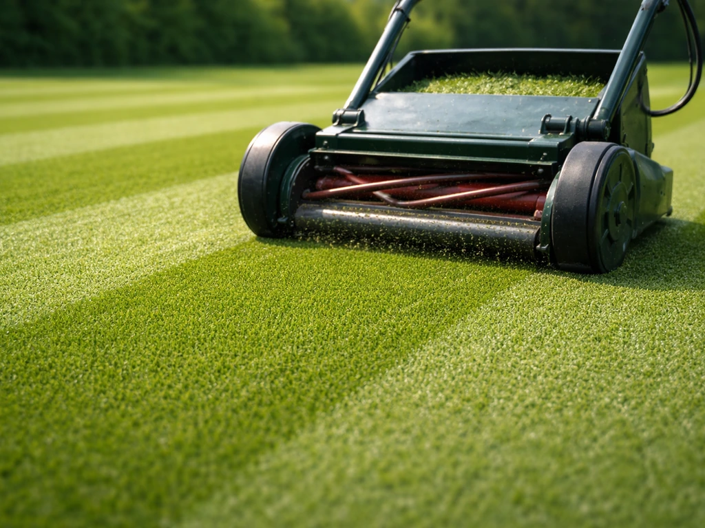 Gazon de tennis tondu très ras avec une tondeuse cylindrique, rayures nettes sur surface verte.