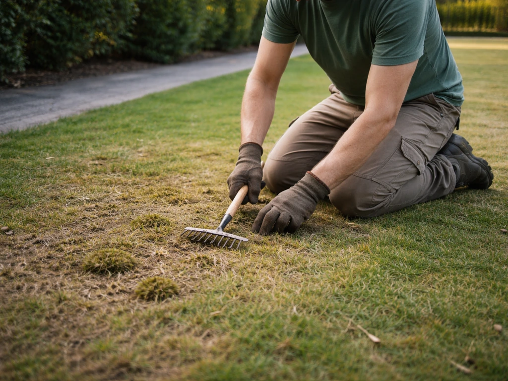 Scarification légère sur une zone clairsemée de pelouse, jardinier anonyme à genoux près d’un fond de court.