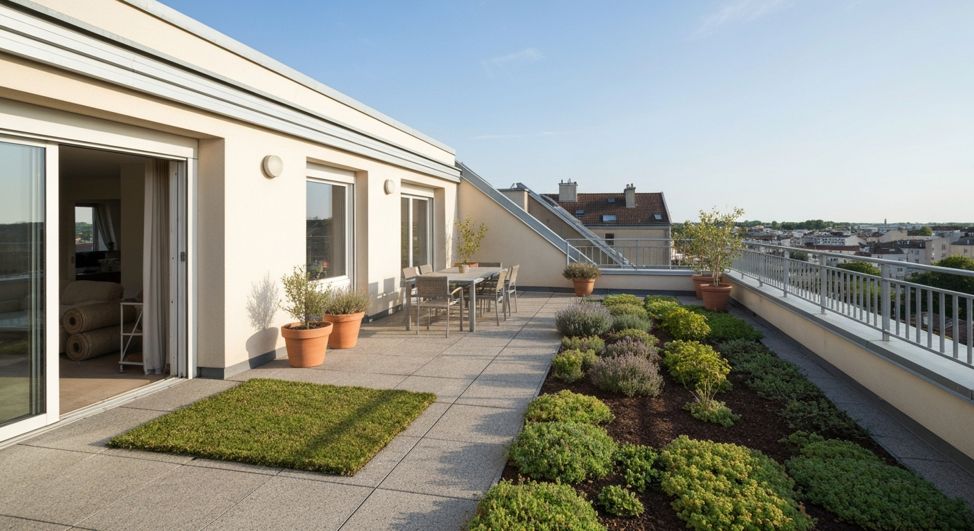Terrasse urbaine montrant côte à côte bac avec gazon naturel, gazon synthétique, dalles végétalisées et galettes sedum, mobilier de terrasse et vue urbaine.
