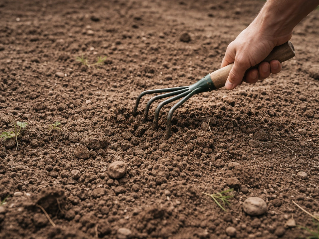 Travail du sol pour un gazon : terre griffée et émiettée en préparation, vue rapprochée