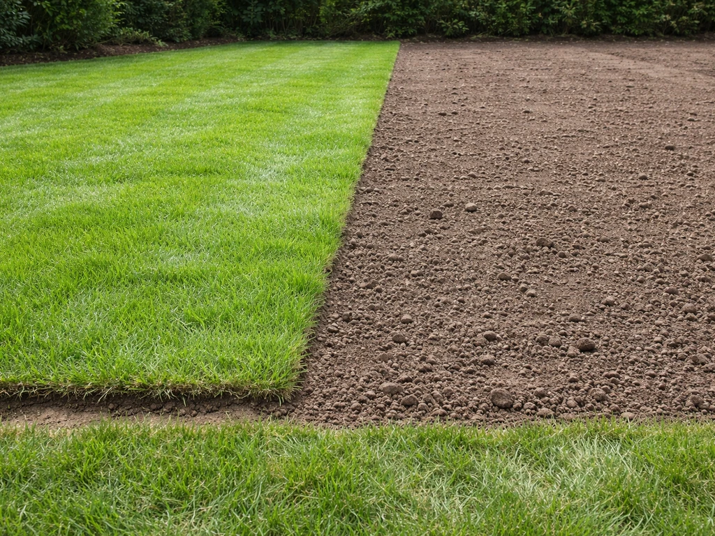 Gazon en rouleau à gauche et zone de semis à droite, sol préparé visible dans un jardin.