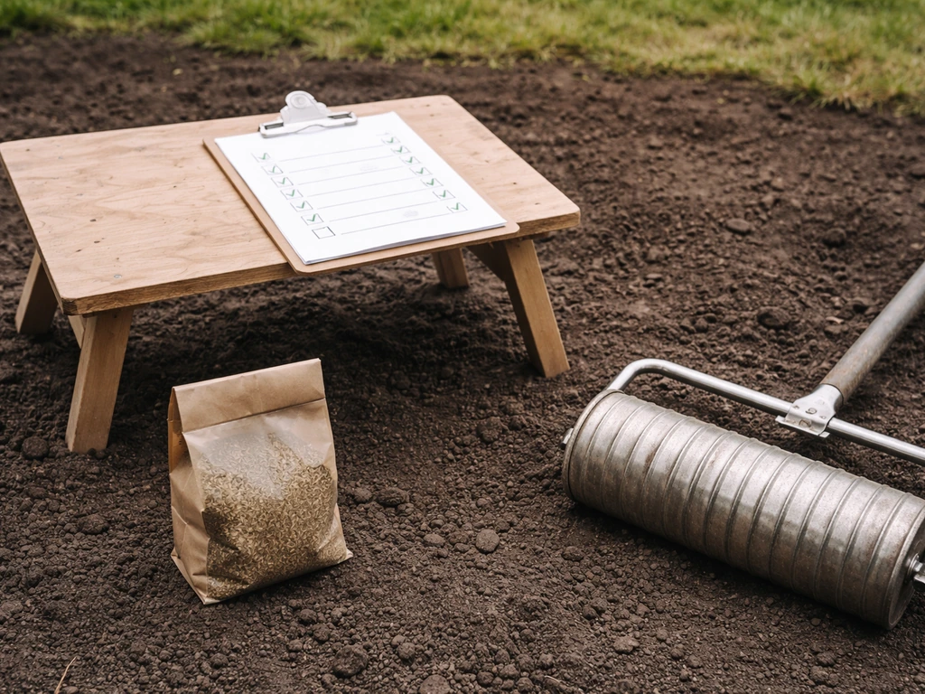 Petit coin de chantier : tablette avec check-list cochée, semences et outil de bordure sur fond de terre de gazon.