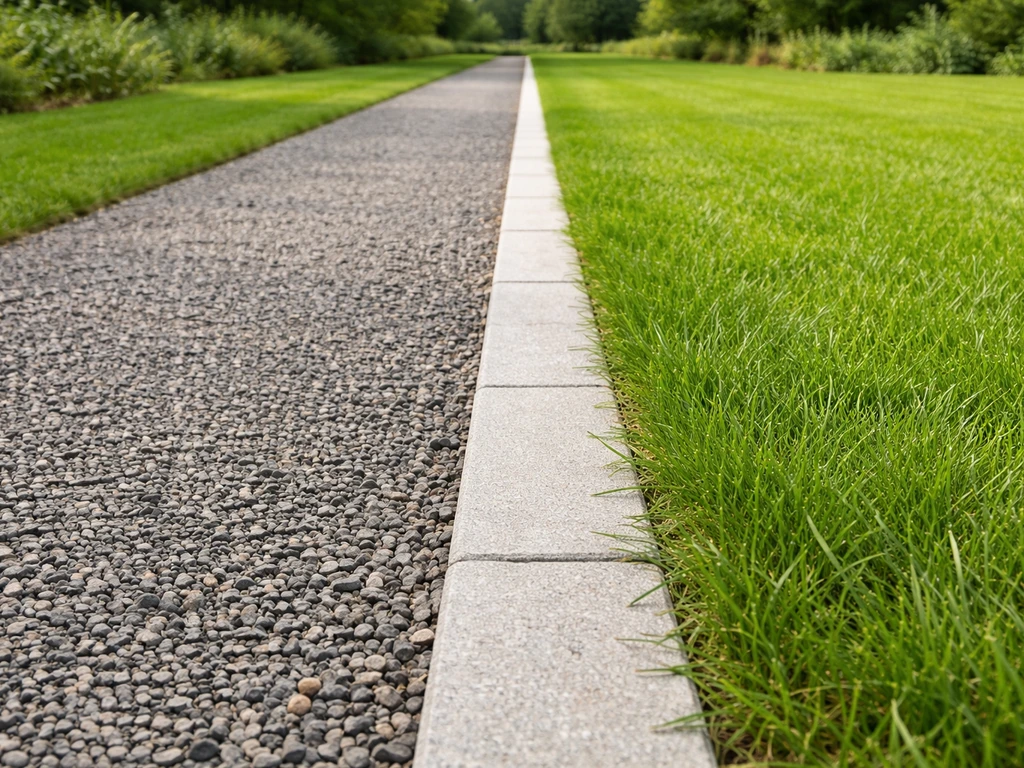 Jonction allée-gazon avec limite nette entre gravier et pelouse, bordure en pierre au premier plan.