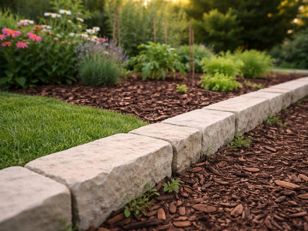 Bordure intérieure en pierre séparant le gazon d’un massif et d’un potager, jardin bien organisé.