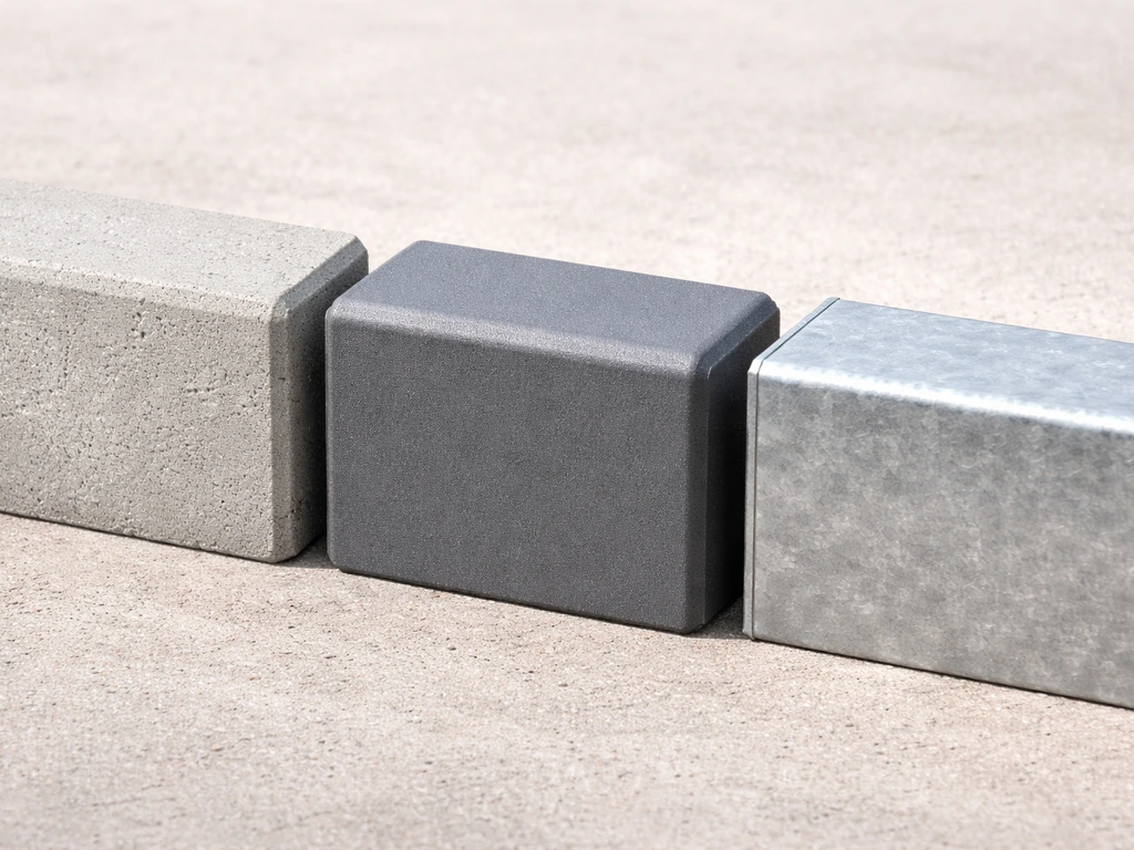Trois éléments côte à côte en béton, plastique et métal pour comparer leurs formes et textures.