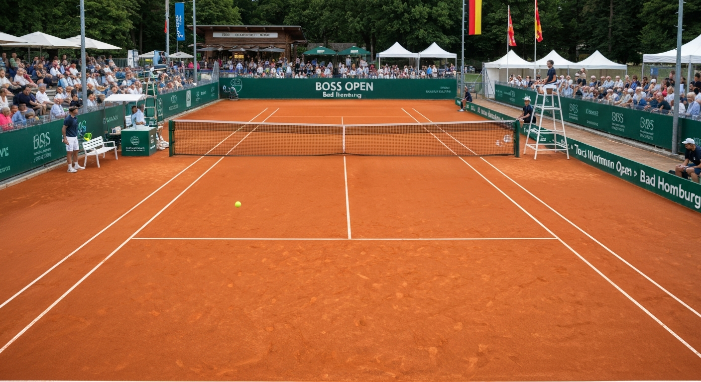 Court central sur gazon en Allemagne pendant un match professionnel en juin, tribunes pleines et ambiance festive