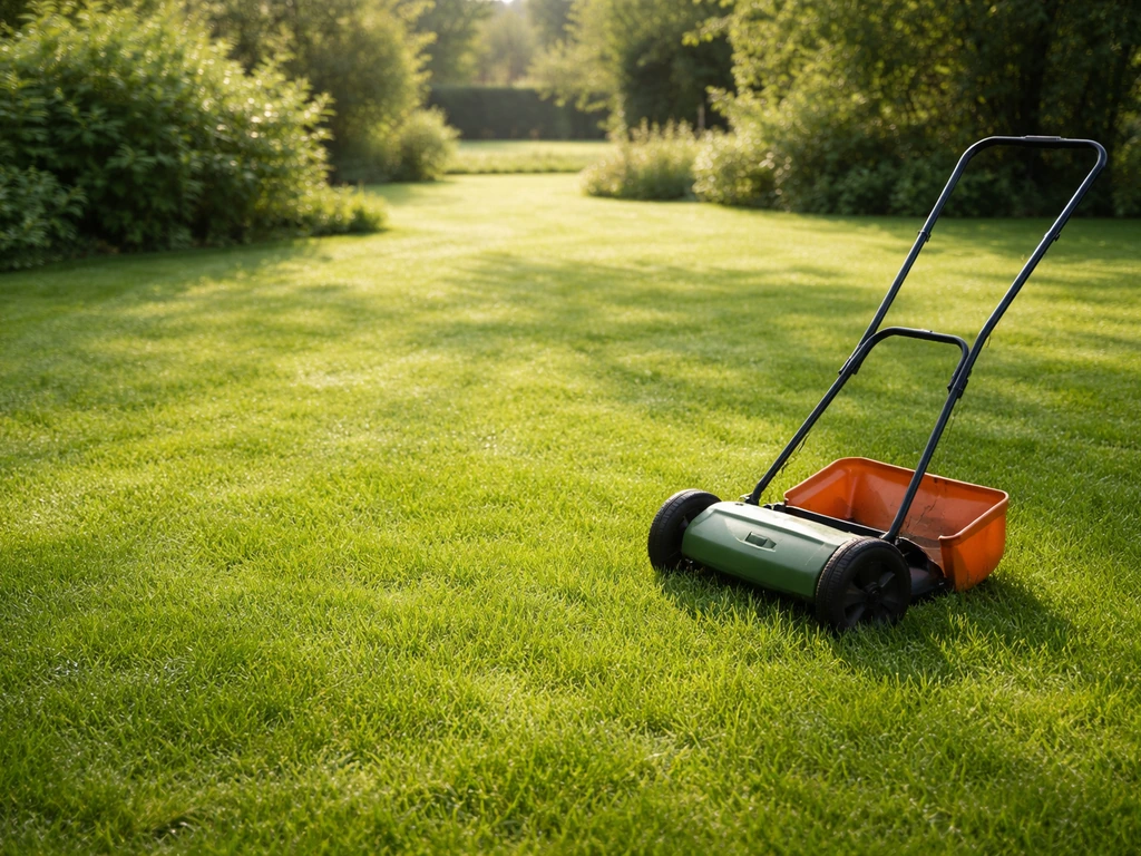 Jardin au soleil levant : herbe fraîche, tonte avant midi, sans herbe brûlée ni traces.