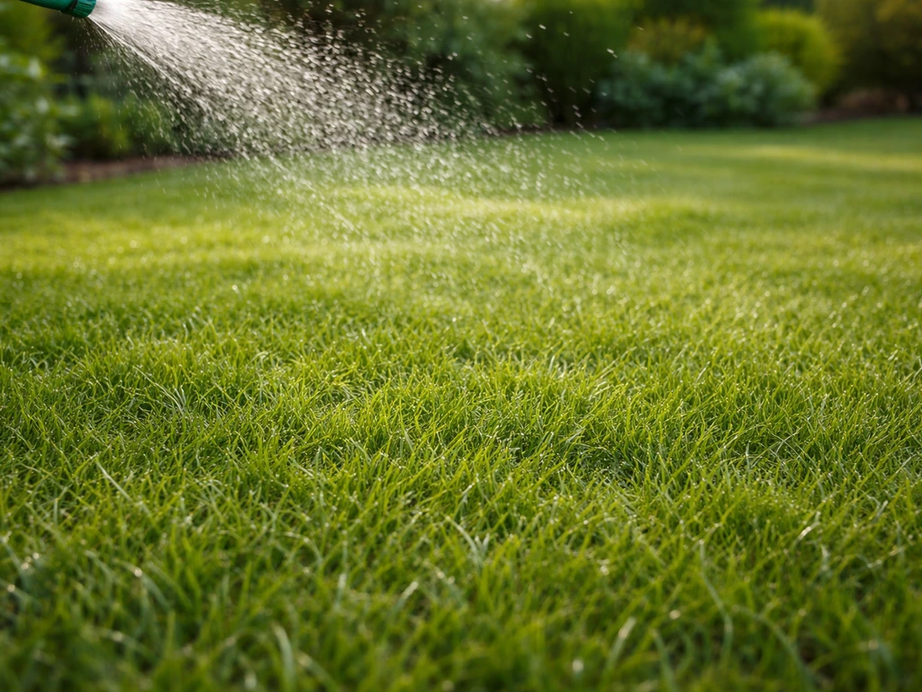 Gazon juste tondu, arrosage léger au pied de l’herbe pour favoriser la reprise, sans ruissellement.
