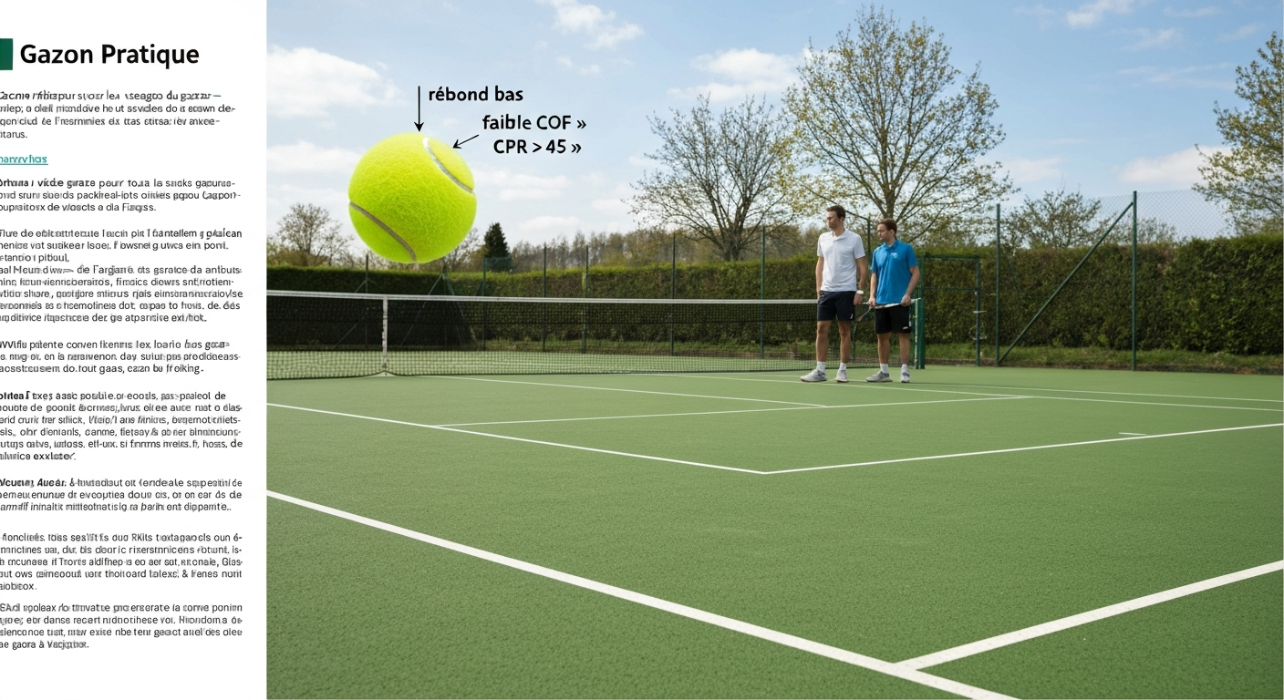 Court de tennis en gazon montrant une balle rebondissant bas avec annotations « CPR >45 »