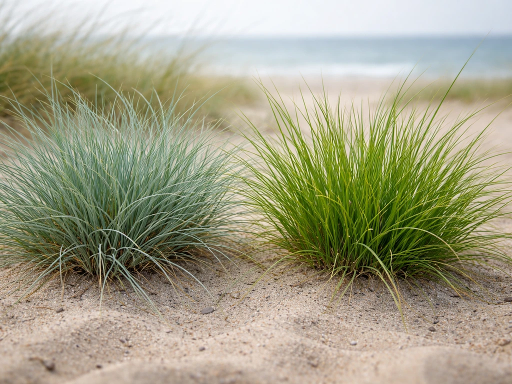 Gros plan de deux touffes de graminées côtières sur sable, montrant des différences de texture et de teinte.
