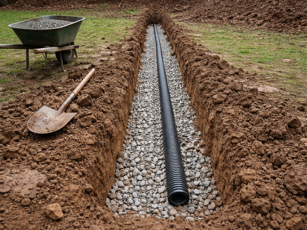 Tranchée drainante dans un sol argileux, gravier visible, tuyau orienté vers un point bas au jardin