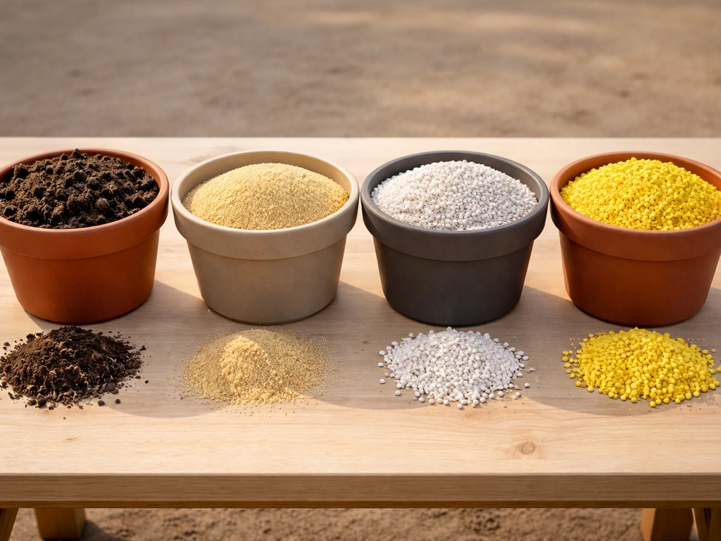 Quatre amendements de jardin (compost, sable, chaux, soufre) disposés en rangée avec contenants simples.