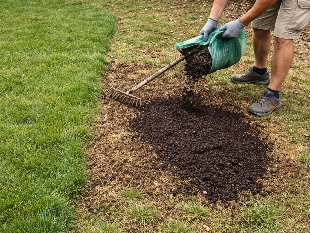 Petite zone de pelouse : scarification légère puis terreautage, montrant la différence avant/après.