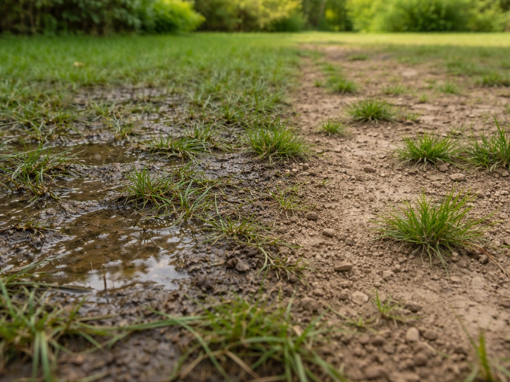 Gros plan sur une pelouse : sol gorgé d’eau et zone dégarnie, texture du sol bien visible.