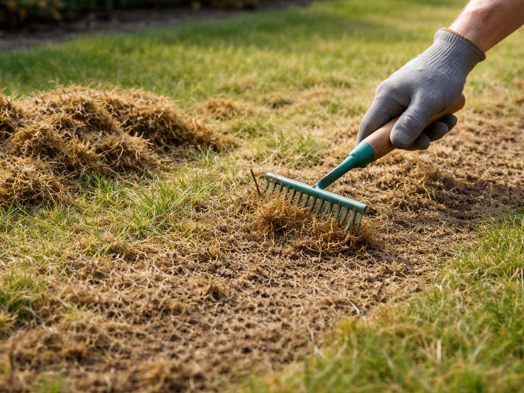 Main avec râteau de jardin sur pelouse : feutrage relevé après scarification légère, zone prête au sursemis.