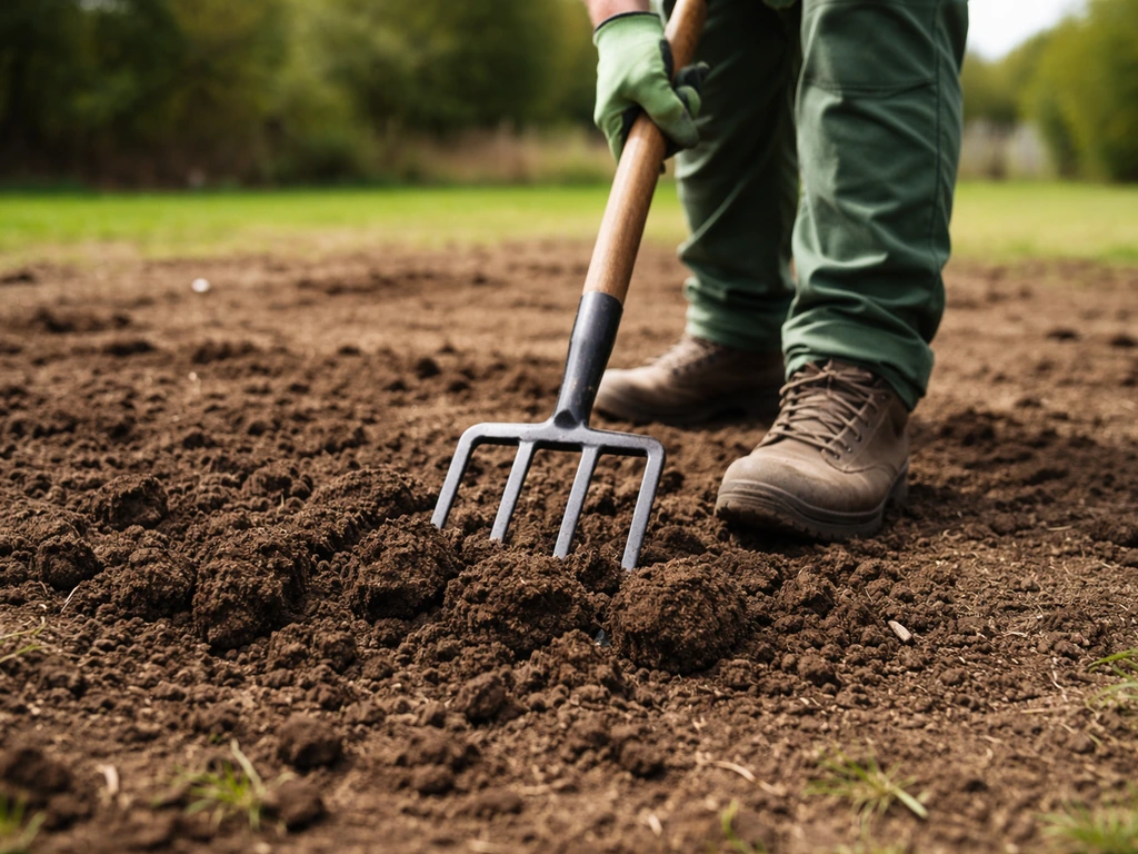 Décompactage du sol à la fourche-bêche : dents enfoncées et terre soulevée, en pleine préparation de terrain.