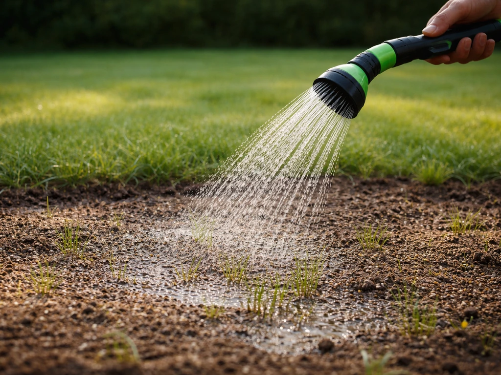 Arrosoir à pluie fine arrosant une zone regarnie, semis visibles et gazon en reprise