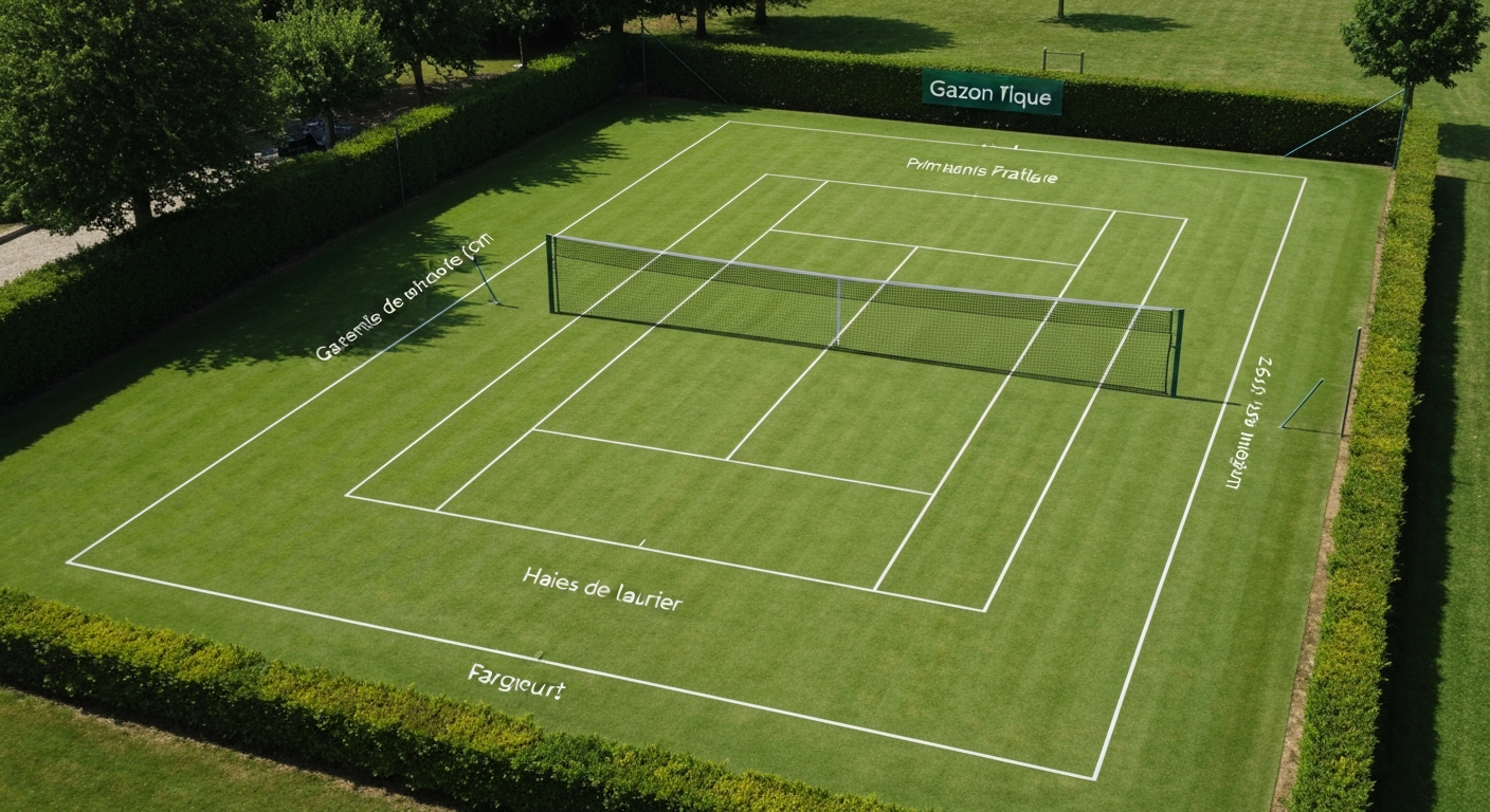 Terrain de tennis en gazon aux normes ITF, vue aérienne
