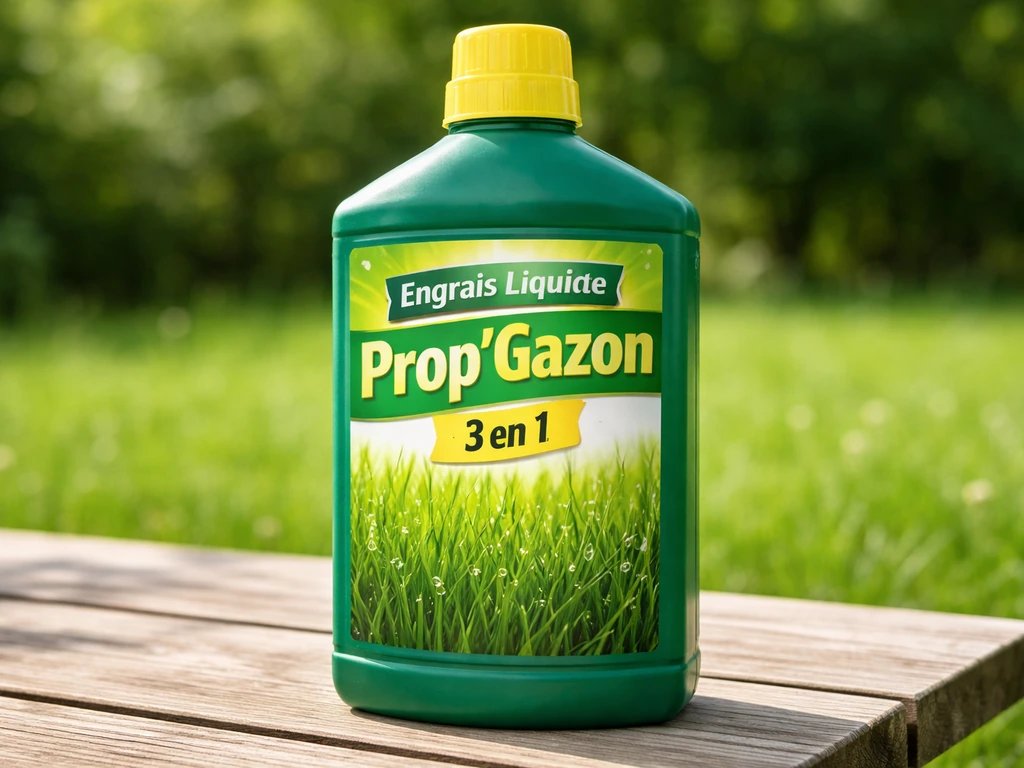 Gros plan sur une bouteille de produit de jardin avec l’étiquette « Engrais Liquide Prop’Gazon 3 en 1 ».