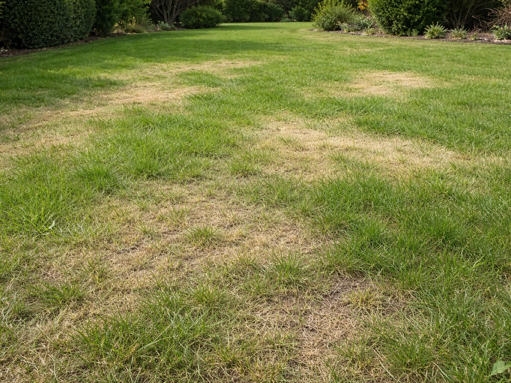 Pelouse qui jaunit avec des zones plus claires et des limites visibles entre vert et jaune.