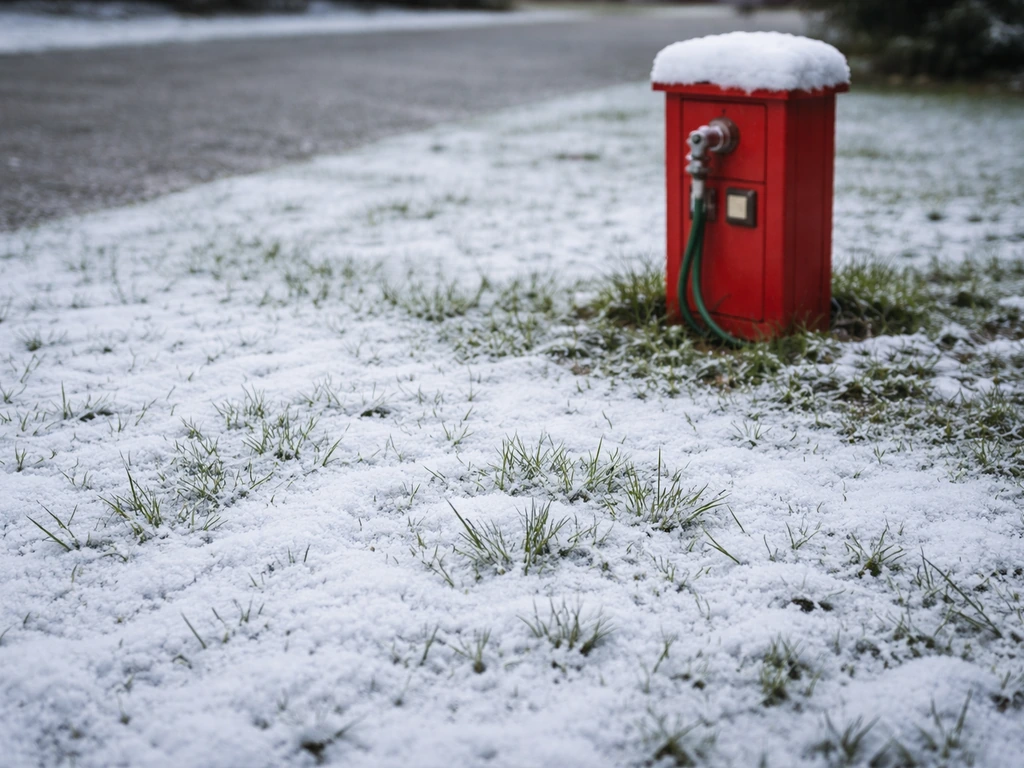Pelouse enneigée près d’une station rouge, ambiance froide d’hiver en France, traces minimales