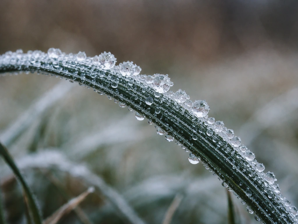 Gros plan d’un brin d’herbe gelé, avec gouttelettes prises dans la glace et texture cassante.