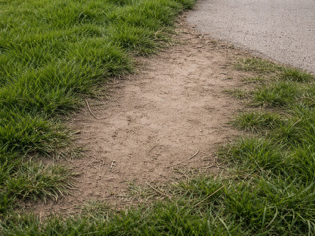 Pelouse aplatie et sol lissé après des passages répétés, herbe écrasée et empreintes visibles.