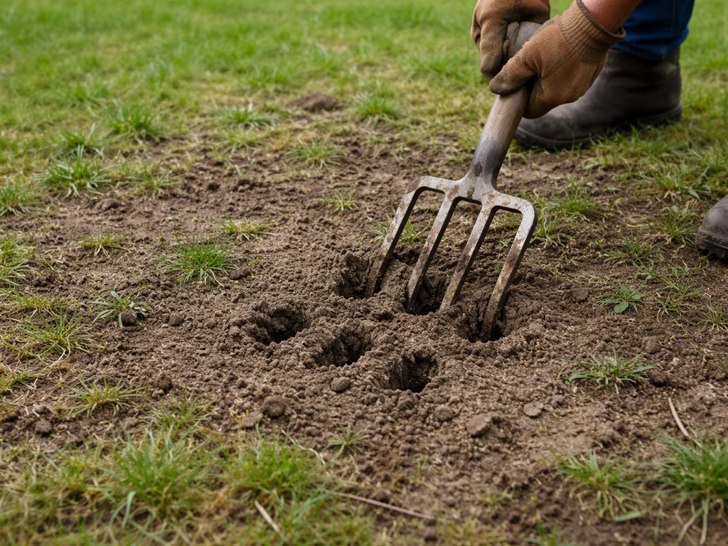 Mains anonymes utilisant une fourche-bêche pour aérer une pelouse compactée, sol visible entre les brins d’herbe.